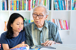 Woman and child reading together.